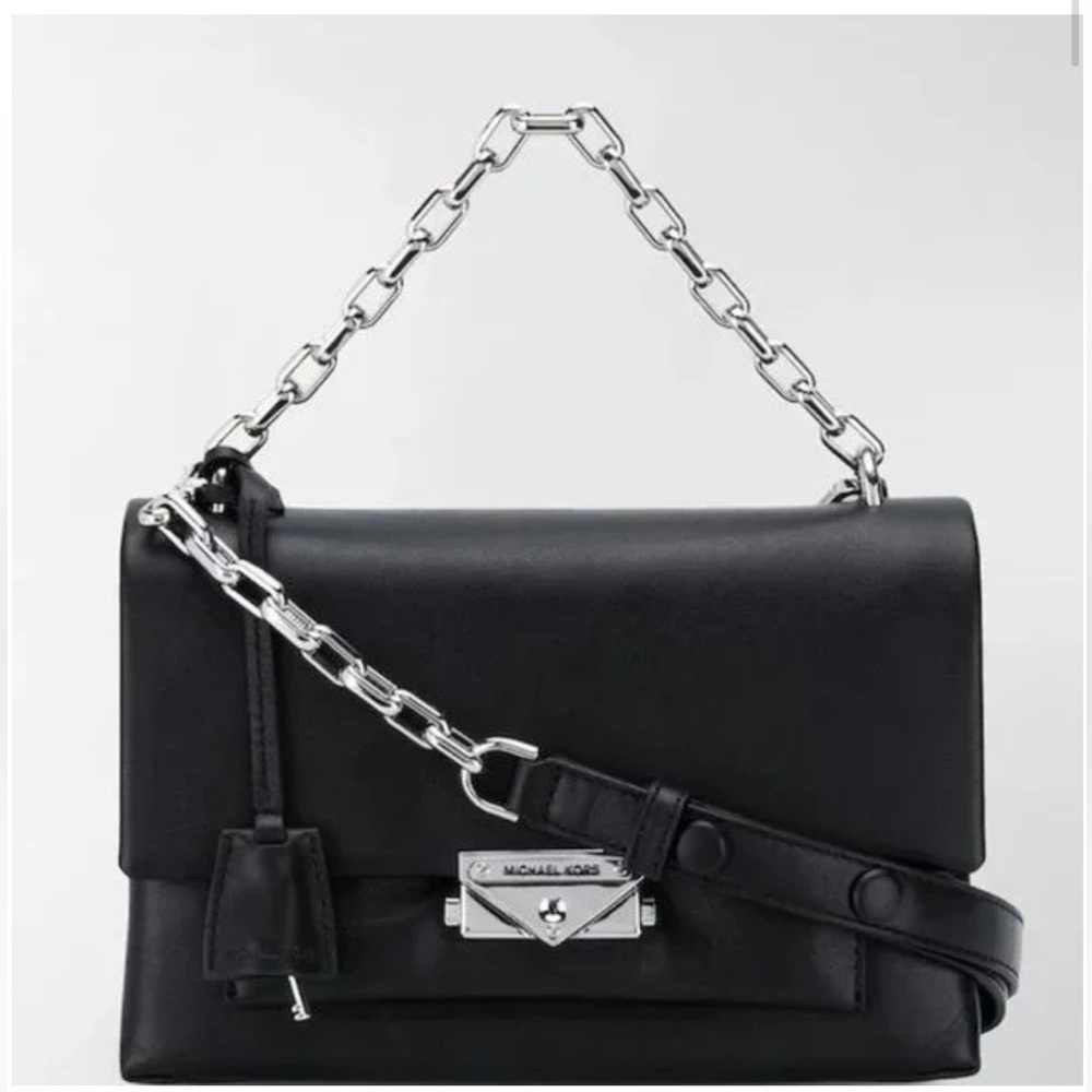 NWT - Authentic Michael Kors Cece Medium Flap Chain Shoulder Bag Black/Silver